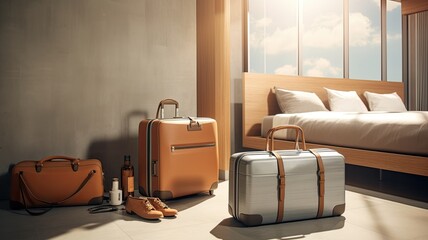two travel bags in a contemporary, minimalist hotel room, the elegant, uncluttered style.