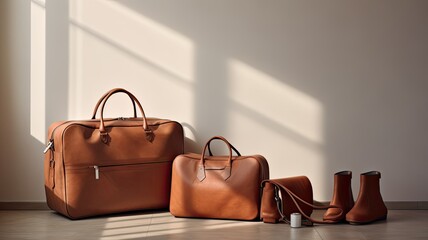 two travel bags in a contemporary, minimalist hotel room, the elegant, uncluttered style.