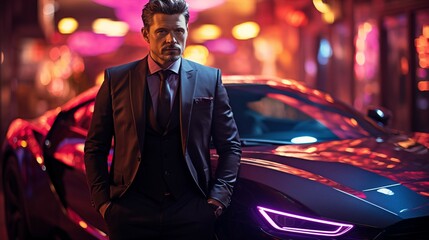 Obraz premium Suited for Success: A Classy Encounter with a Supercar. Ai generative
