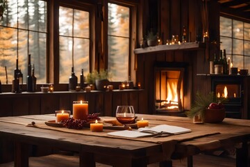 A weathered wooden table standing in a cozy, rustic cabin, surrounded by warm, earthy tones, a soft, crackling fire in the background