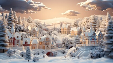 Tiny Town Treasures: Snowy Miniature Village in the Woods. Ai generated
