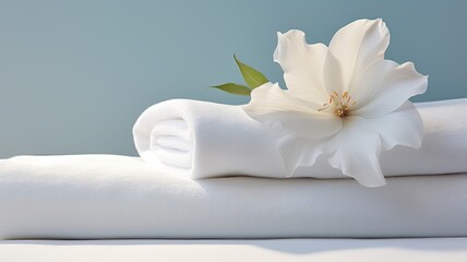 Fototapeta na wymiar a single flower delicately placed on a stack of crisp towels in a modern, minimalist hotel room.