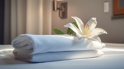 a single flower delicately placed on a stack of crisp towels in a modern, minimalist hotel room.