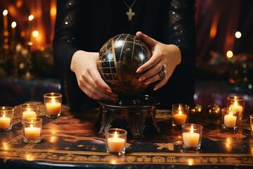 The hands of a fortune teller are lying on crystal magic ball. Generative AI