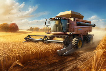 Digital painting of harvest season with harvester on a sunny day.