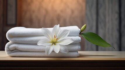 Obraz na płótnie Canvas a single flower delicately placed on a stack of crisp towels in a modern, minimalist hotel room.