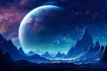 Naklejka na ściany i meble Fantasy alien planet. Mountain and nebula.