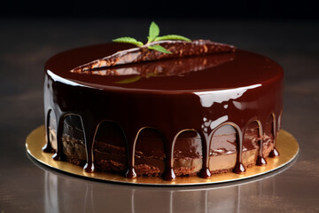 Mousse cake in glossy mirror glaze. Generative AI