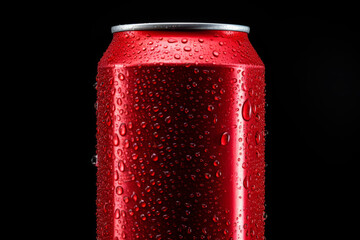 Red soda can and water drops on black background. Generative AI