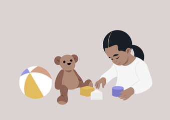 A toddler girl deeply focused on her vibrant, various-shaped building blocks and toys, playing with them and simultaneously learning through the process