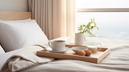 Fototapeta na wymiar a well-appointed breakfast tray perfectly balanced on a comfortable bed in a modern minimalist hotel room, the serene morning ambiance
