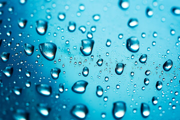 Water drops on blue glass background. Water drops on glass surface.