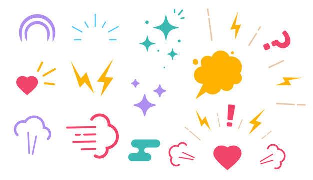 Comic funny cartoon elements icons vector graphics set, angry happy fear surprise wow humor symbols, magic dreams spark sound flat, worry danger caution explosion blast, chat bubble speech image