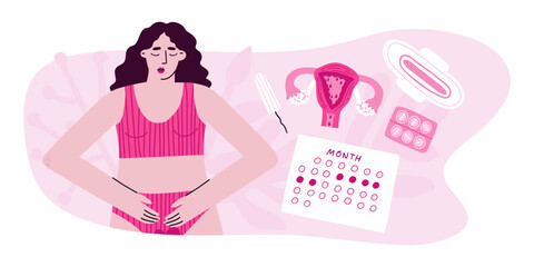 Calendar period of menstruation. Means of hygiene during the period. PMS, calendar, woman in underwear, stomach ache. Vector illustration in flat style.