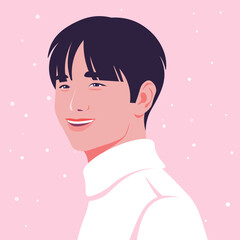 The face of a young Asian man with with snowfall on a pink background. Vector flat Illustration