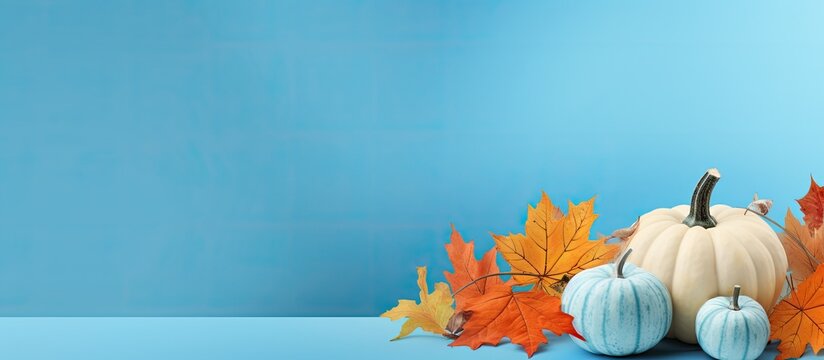 Thanksgiving with fall symbols on blue background