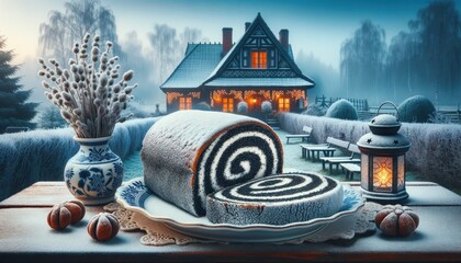 Polish makowiec, poppy seed roll, sliced on a porcelain dish with powdered sugar, Polish countryside house backdrop with a frosty garden and lanterns.