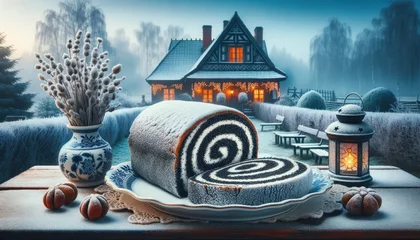 Fotobehang Polish makowiec, poppy seed roll, sliced on a porcelain dish with powdered sugar, Polish countryside house backdrop with a frosty garden and lanterns. © Cad3D.Expert