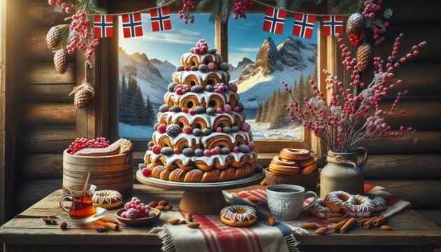 Norwegian kransekake, almond ring cake tower, with icing and Norwegian flags, on a wooden table with winter berries, Nordic cabin backdrop with snowy peaks.