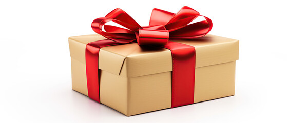 3D gold  gift box with red wide ribbon over white background.