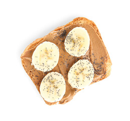 Toast with peanut butter, banana and poppy seeds on white background