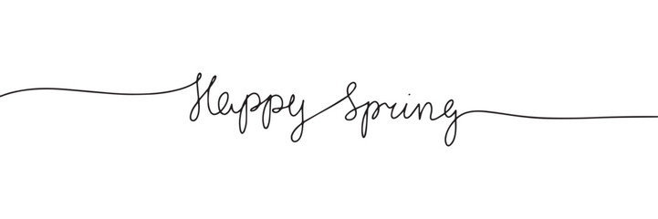 Happy Spring line art text banner. Handwriting spring short phrase in one line continuous style. Vector illustration. Hand drawn vector art. - obrazy, fototapety, plakaty