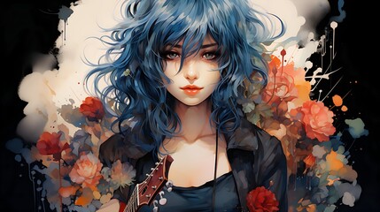 blue-haired woman with guitar - obrazy, fototapety, plakaty