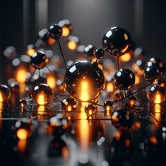 An abstract technical background image of glowing glossy black orbs