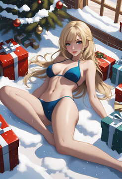 Beautiful blonde girl in a bikini lies on the snow surrounded by New Year's gifts