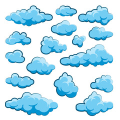 Painted cartoon clouds on blue background. Simple hand drawn round cloud, summer sky panorama, cloudscape. Flat design. Vector illustration