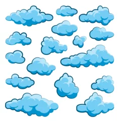 Selbstklebende Fototapeten Painted cartoon clouds on blue background. Simple hand drawn round cloud, summer sky panorama, cloudscape. Flat design. Vector illustration © 32 pixels