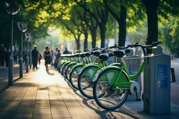 Foto op Plexiglas anti-reflex Bicycle-sharing station bustling with commuters in a green city. Rental service spot on city street. Public transportation © SappiStudio