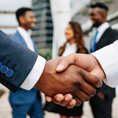 Business handshake of a businessman in front to the partners