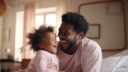 Happy young dad playing games and lifting his adorable little daughter at home, father taking care and have good time with his baby in modern bedroom.