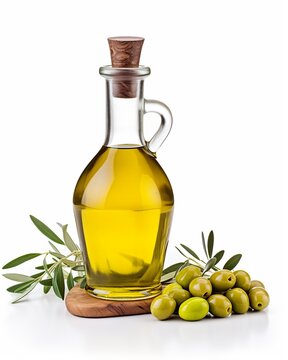 Branch with olives and a bottle of olive oil isolated on white