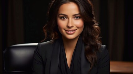 Portrait of Beautiful bussines woman in jacket and blouse, sitting in armchair  on dark background. AI generation