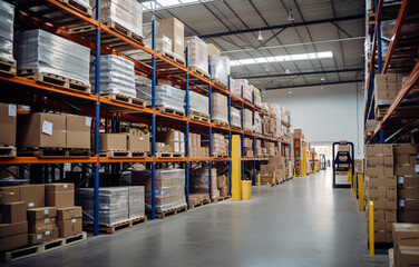 Retail warehouse full of shelves with goods in cartons, with pallets and forklifts