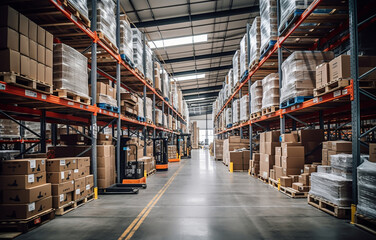 Retail warehouse full of shelves with goods in cartons, with pallets and forklifts