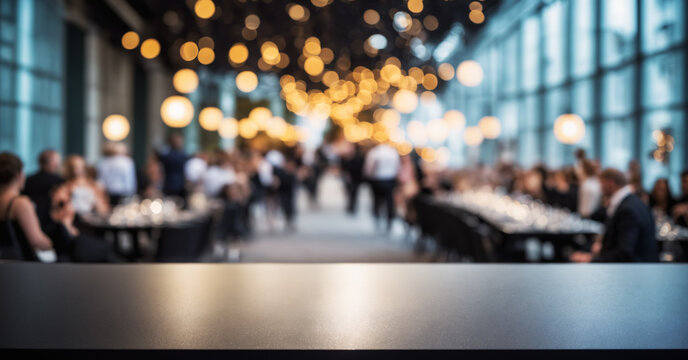 Event hall with metallic surface table; suitable for event promotions or ticketing.