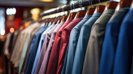 Obraz premium Closeup of Men's suits on hangers in a store