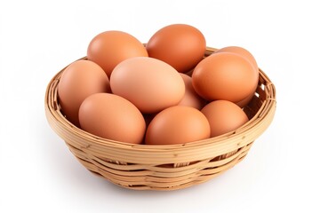 chicken eggs in a basket isolated on white background