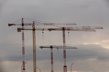 Paisaje del cielo con cuatro grúas para la construcción.