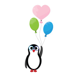 Vector illustration of penguin with balloons on white backgroun. Symbol of birthday and celebration.