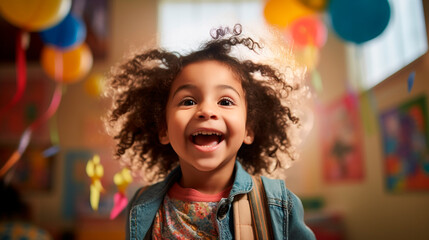 niña morena sonriente y alegre en un aula de escuela  - obrazy, fototapety, plakaty