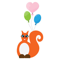 Vector illustration of squirrel with balloons on white backgroun. Symbol of birthday and celebration.