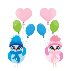Naklejka premium Vector illustration of couple of baby owls with balloons on white backgroun. Symbol of birthday and celebration.