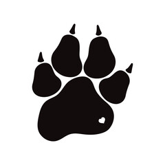 Vector silhouette of pet paw with small heart. Symbol of dog and animal.