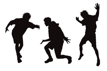 Vector silhouette of set of men dancing on white background. Symbol of sport and happiness.