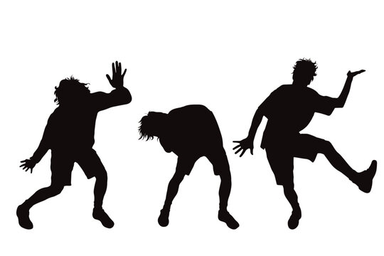 Vector silhouette of set of men dancing on white background. Symbol of sport and happiness.