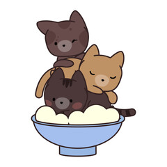 Three cute kawaii kittens lie on top of each other in a plate of rice